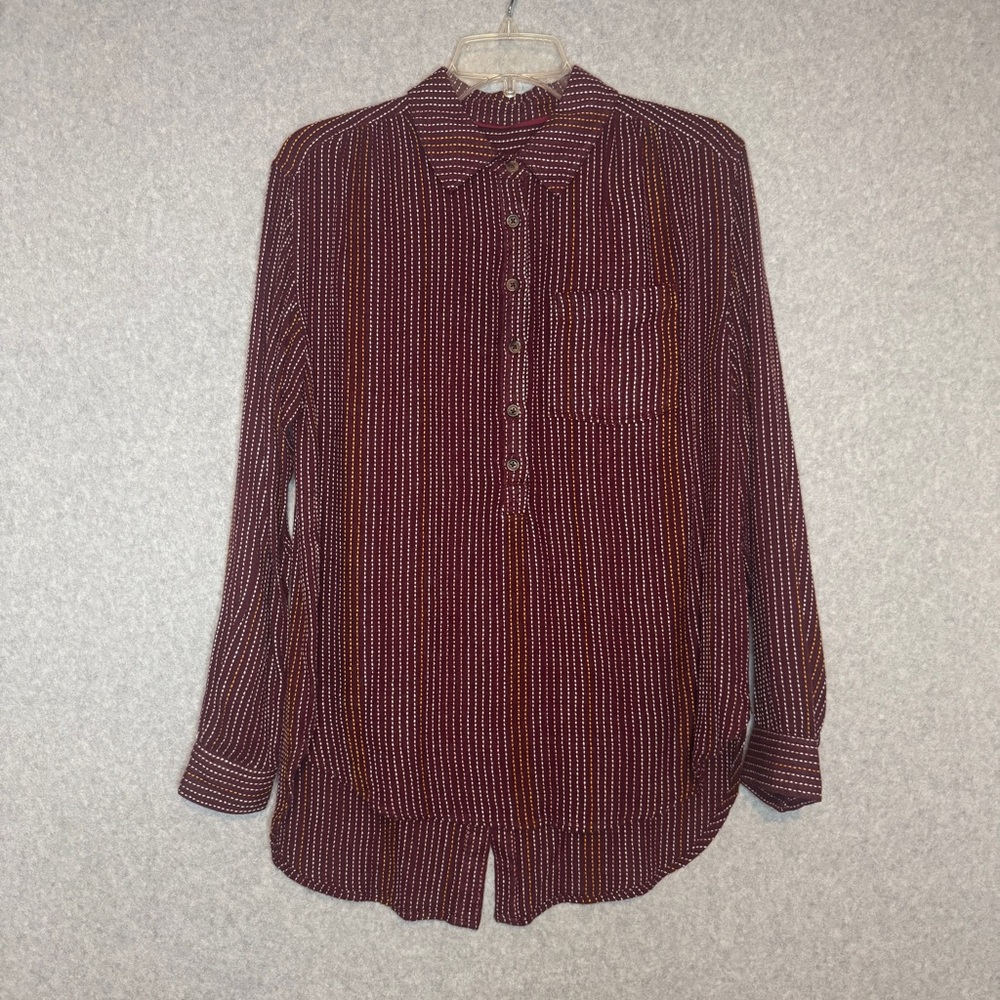Anthropologie Maroon Button Long sleeve Swing Pullover Shirt Multi Stripe